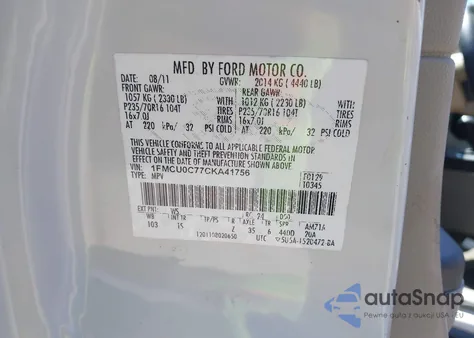 2012 Ford Escape Xls z USA, uszkodzony, nr VIN 1FMCU0C77CKA41756